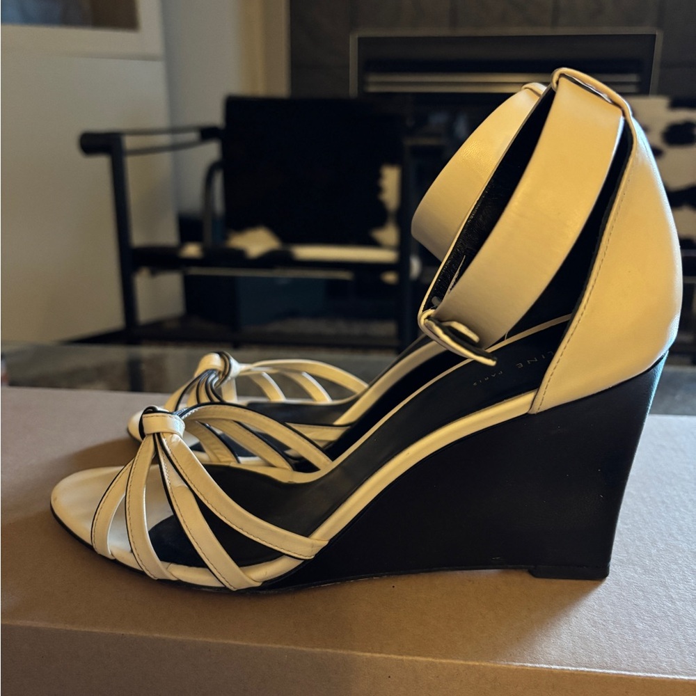 Celine Cream and Black Wedge Sandals